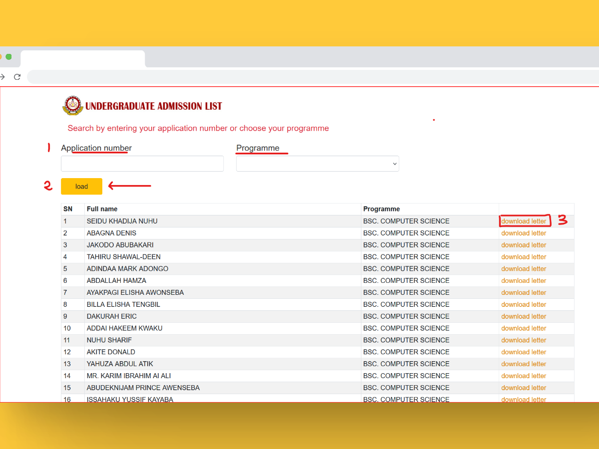 CKTUTAS admissions list page